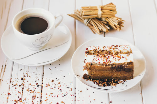 Cup of coffee and piece of cake