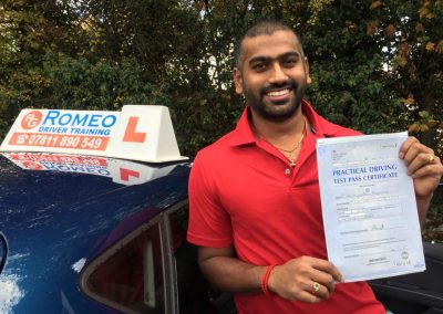 Shanmuga Nathan after passing their driving test with Romeo Driver Training, Chester