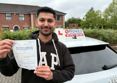 Syed Mughees Haider after passing their driving test with Romeo Driver Training, Chester